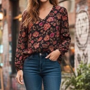 Black Floral Long Sleeve Top Blouse Womens Size L Boho Chic Whimsygoth Maurices
